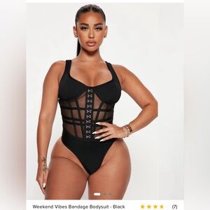 Fashion Nova Black Mesh Corset Style Hook Front Bodysuit – XS